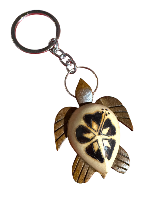 Handmade Wooden Turtle Keychain - Hibiscus